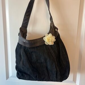 Thirty one dark denim skirt purse with detachable cream flower.